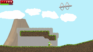 pixel mockup of a side-scrolling game where a small character stands in the middle of a grassy field. a giant mountain and far-away spaceship loom in the distance